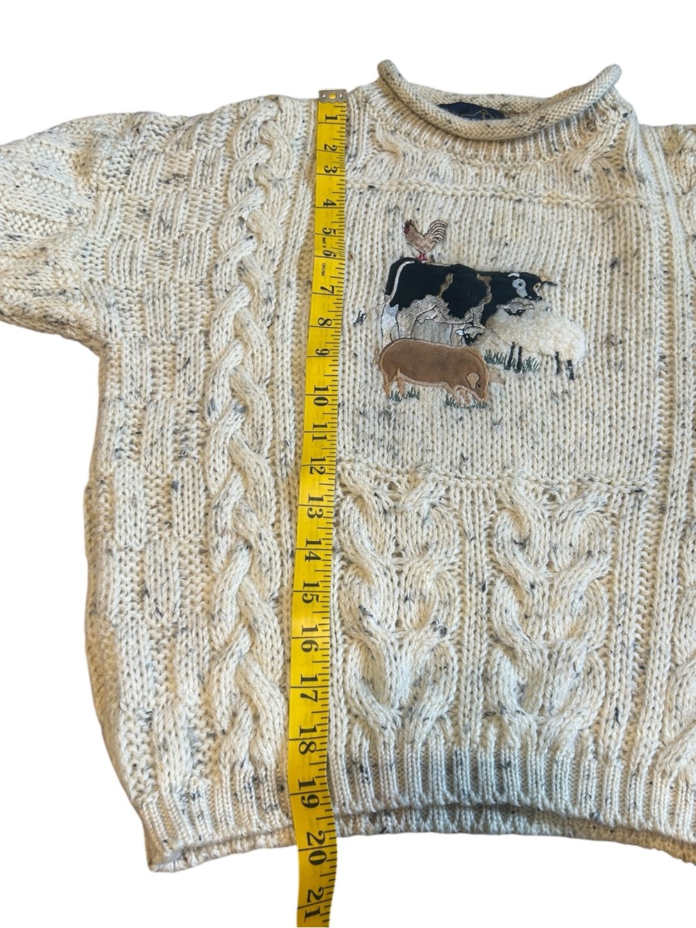 Vintage 90s Tivoli Aran Ireland Pure New Wool Farm Animal Cable Knit Sweater 5-7 - Picture 3 of 11